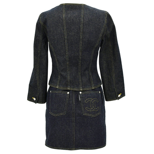 Luxury Chanel Spring 1996 Setup Suit Collarless Jacket Skirt Denim Indigo #38