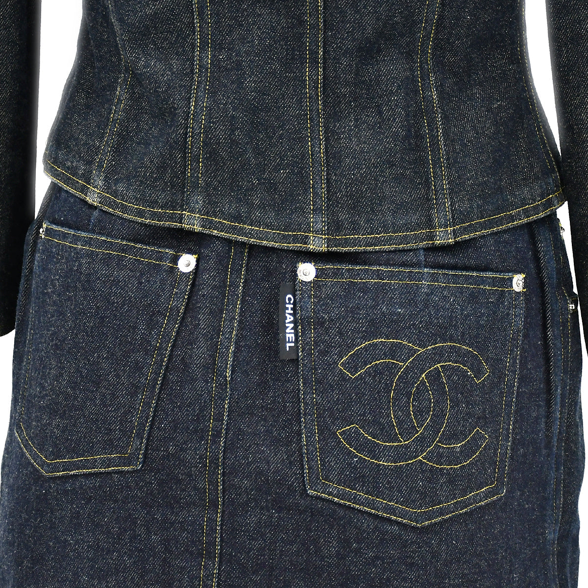 Luxury Chanel Spring 1996 Setup Suit Collarless Jacket Skirt Denim Indigo #38