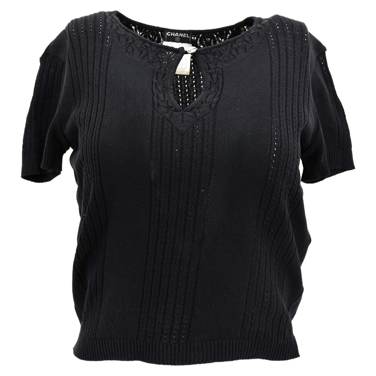 Luxury Chanel Short Sleeve Sweater Knit Tops Black 02P #38