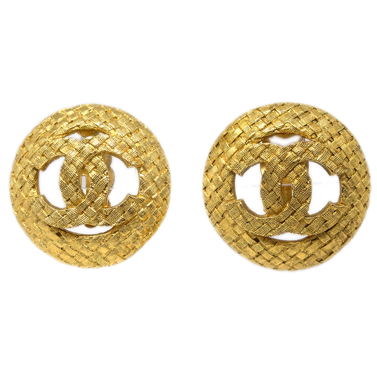 Luxury Chanel 1994 Woven CC Cutout Earrings Gold Clip-On