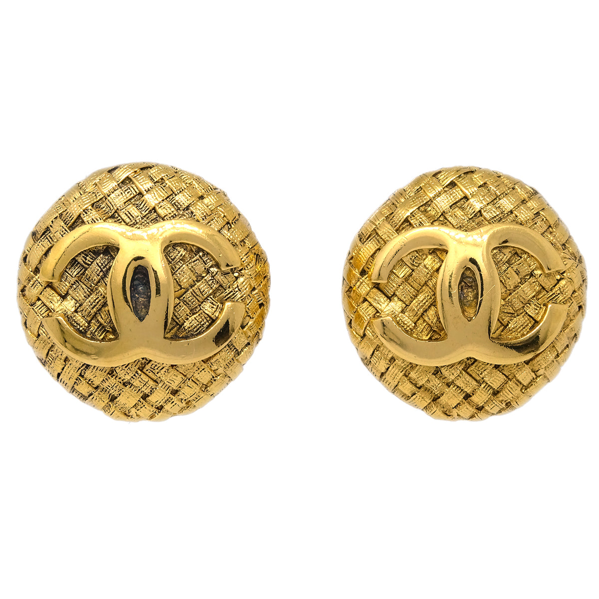 Luxury Chanel 1994 Woven CC Round Earrings Clip-On Gold 2855