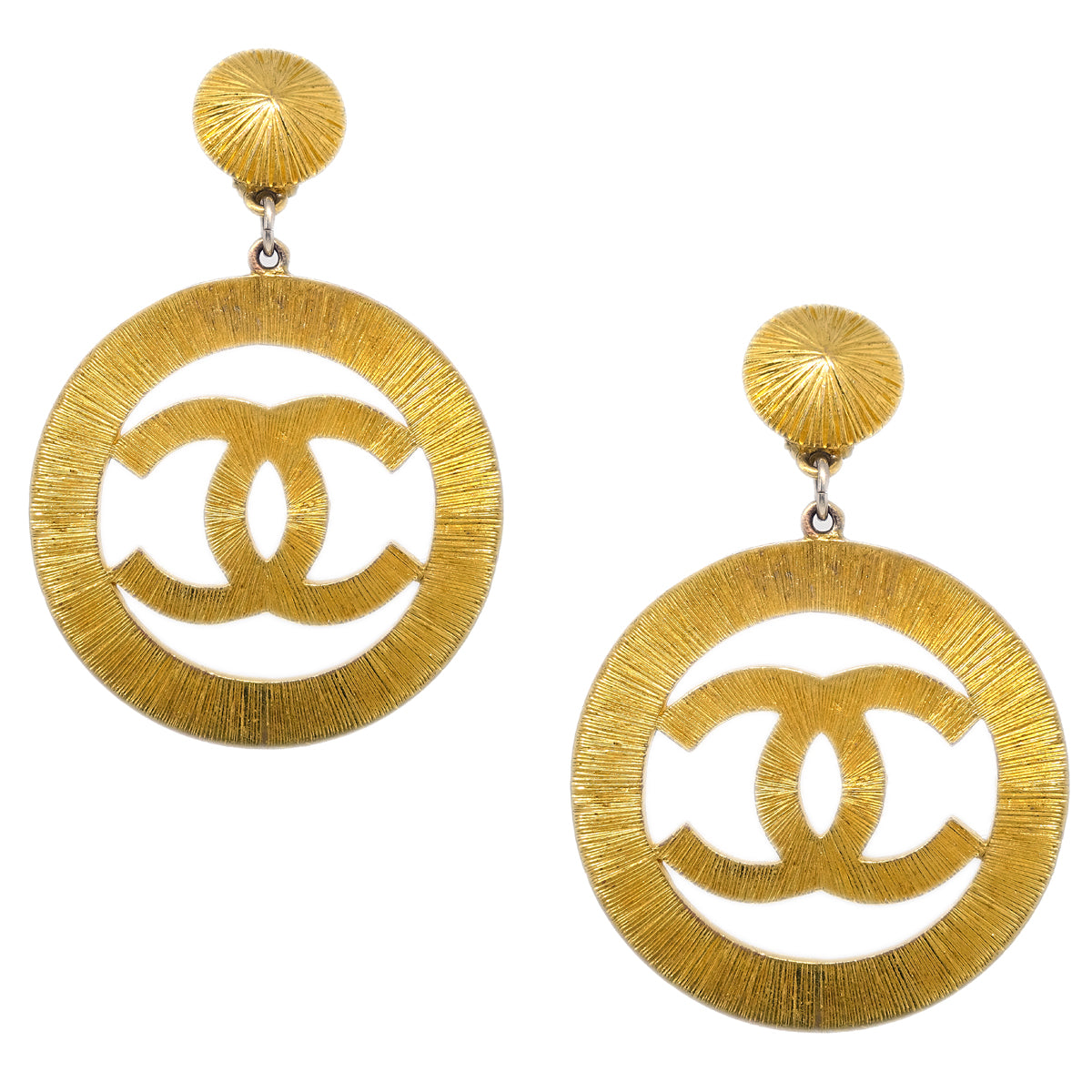 Luxury Chanel Hoop Dangle Earrings Clip-On Gold 93P