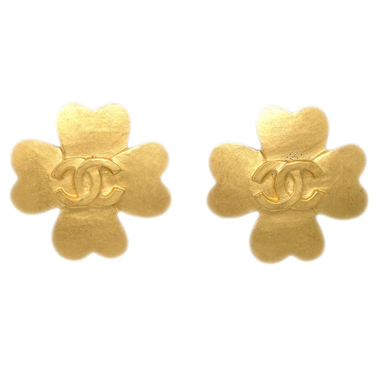 Luxury Chanel Clover Earrings Clip-On Gold 95P