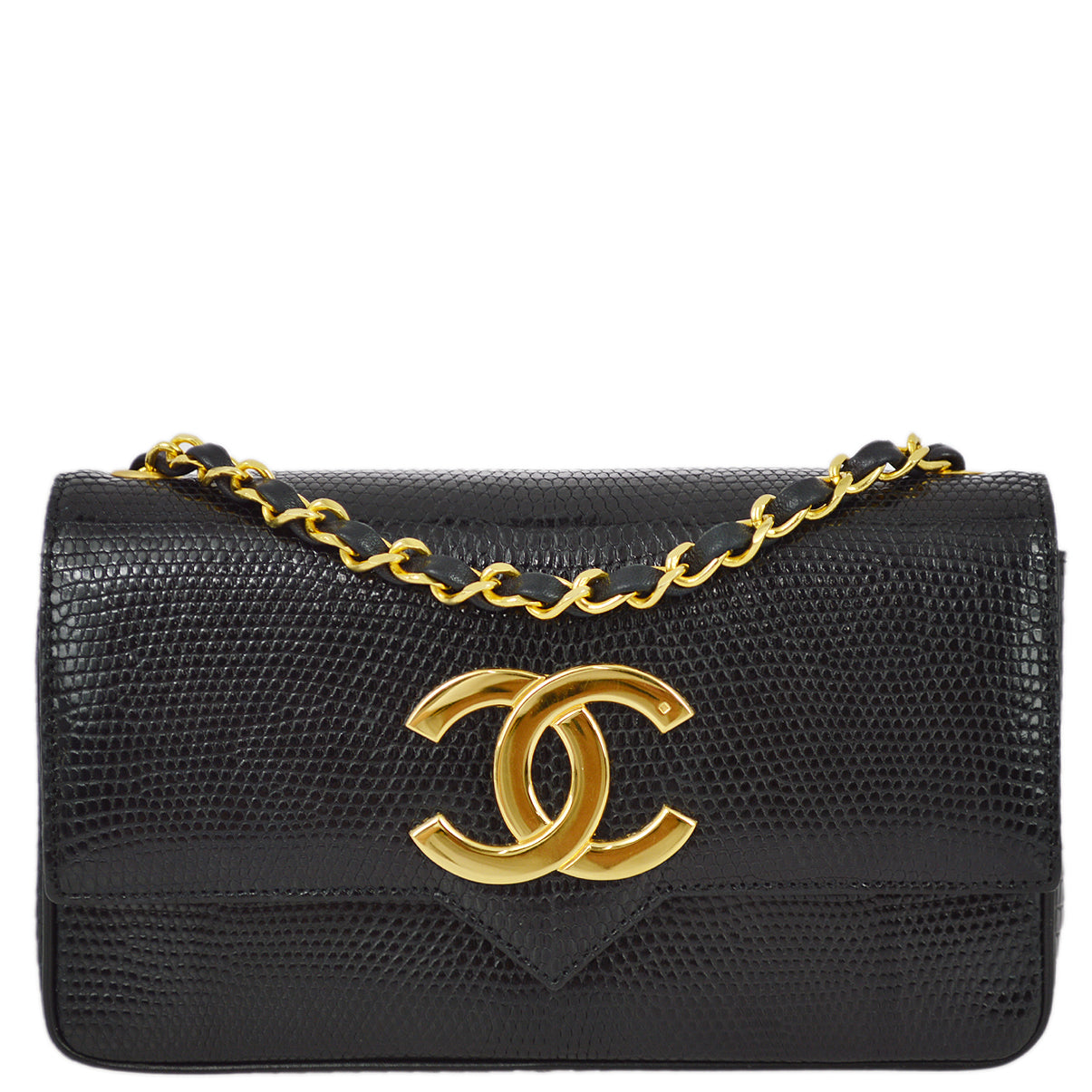 Luxury Chanel 1989-1991 Black Lizard Chain Shoulder Bag