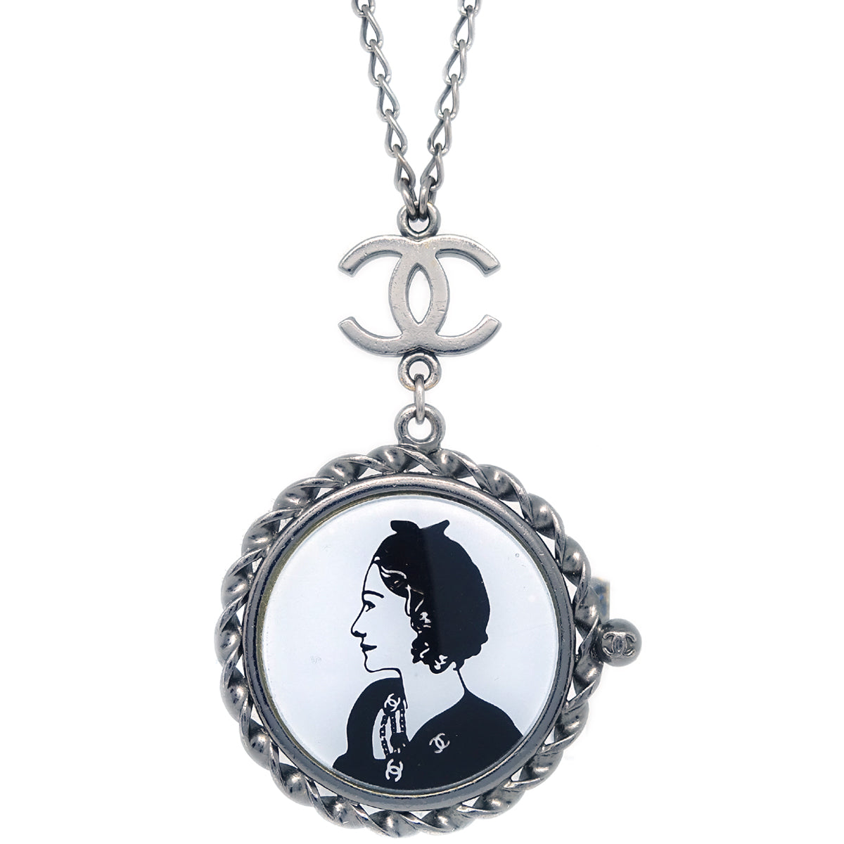 Luxury Chanel Mademoiselle Chain Pendant Necklace Silver 03P