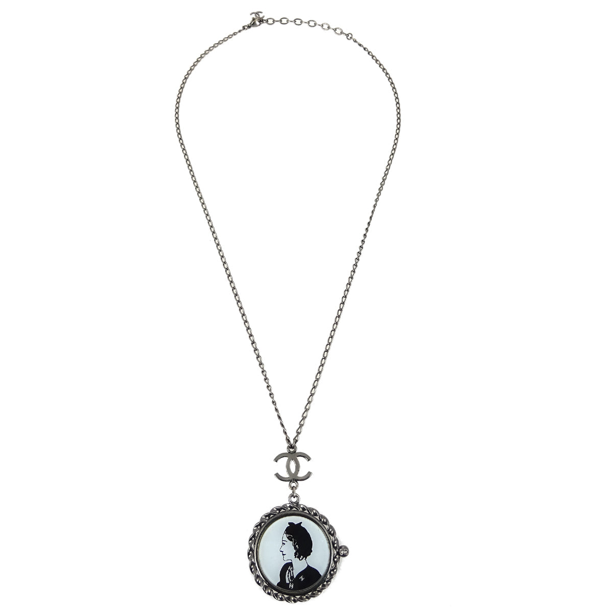 Luxury Chanel Mademoiselle Chain Pendant Necklace Silver 03P