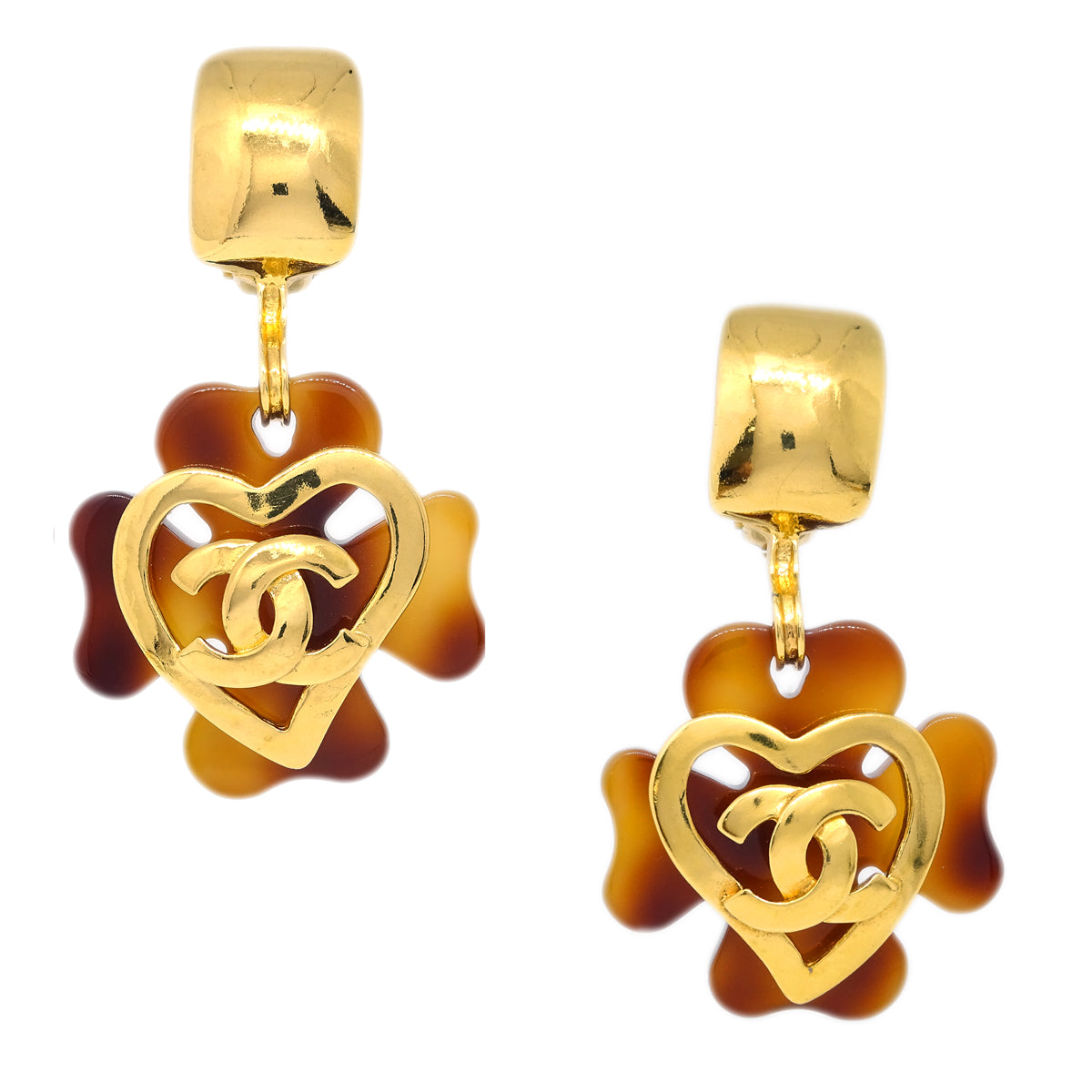 Luxury Chanel Clover Dangle Earrings Gold Clip-On 95P
