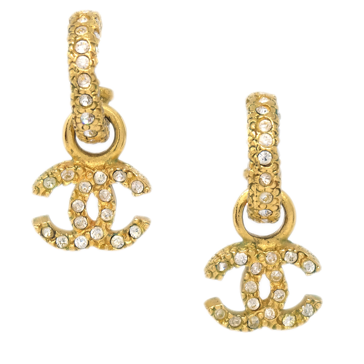 Luxury Chanel Dangle Pierced Earrings Rhinestone Gold 01P