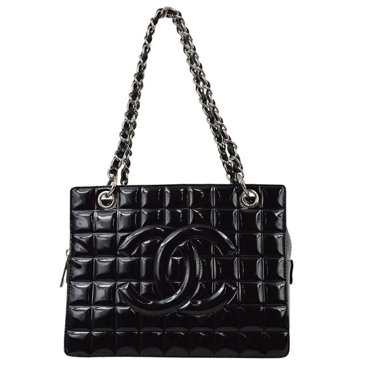 Luxury Chanel * 2001-2003 Black Patent Choco Bar Chain Tote Handbag