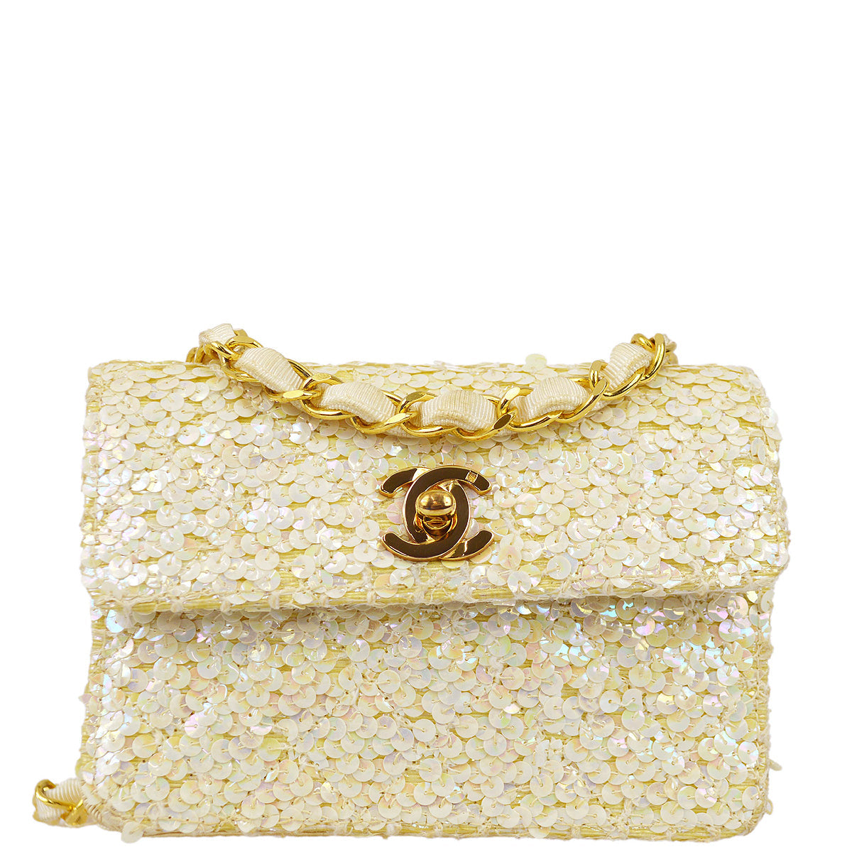 Luxury Chanel * 1989-1991 White Sequin Straight Flap Shoulder Bag Micro
