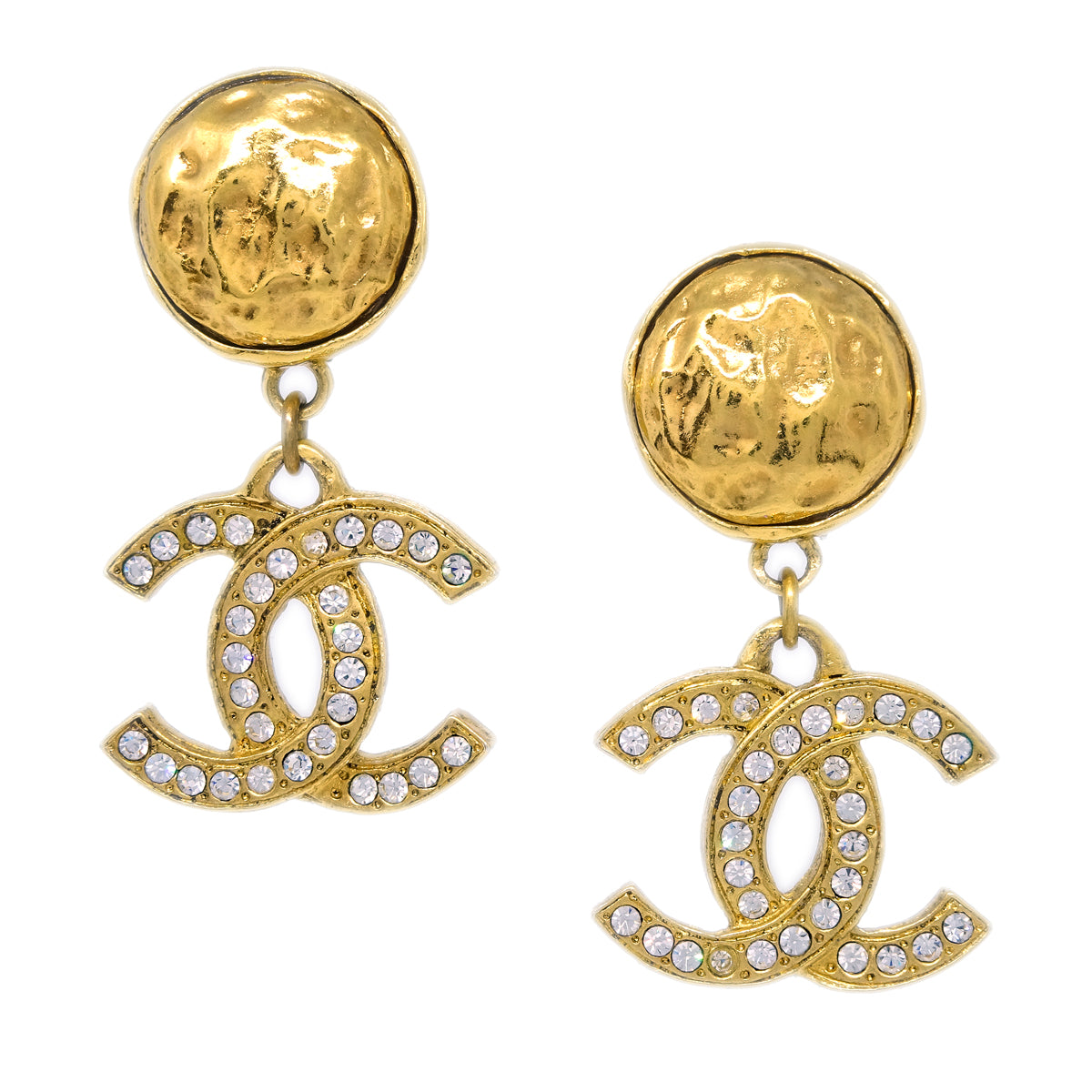 Luxury Chanel Rhinestone Dangle Earrings Clip-On Gold