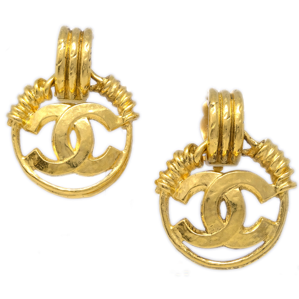 Luxury Chanel Hoop Dangle Earrings Gold Clip-On 94P