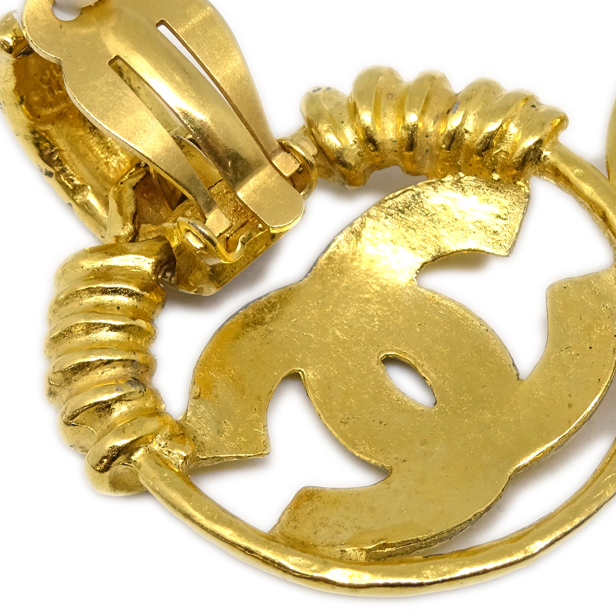 Luxury Chanel Hoop Dangle Earrings Gold Clip-On 94P