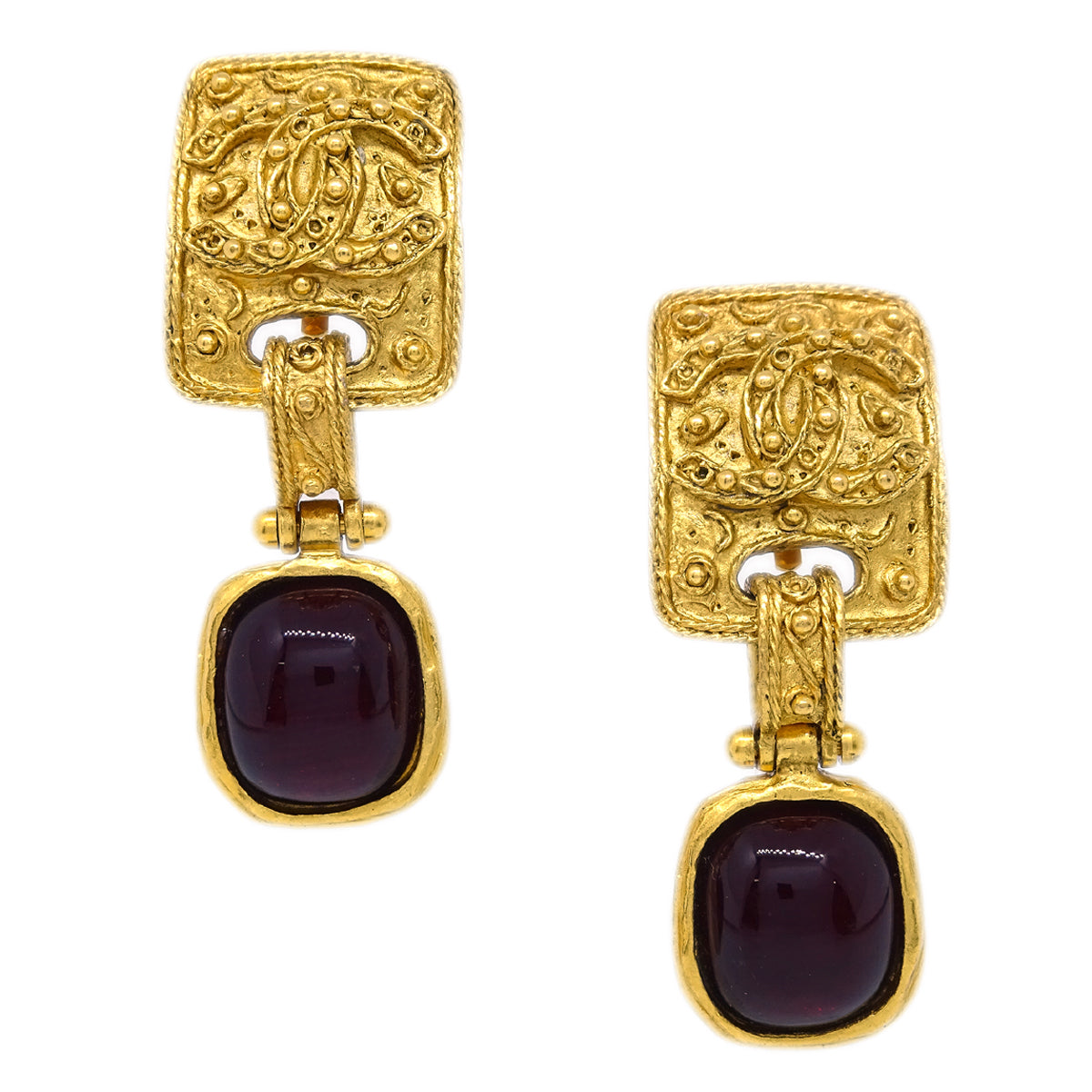 Luxury Chanel Filigree Gripoix Dangle Earrings Clip-On Gold 94A