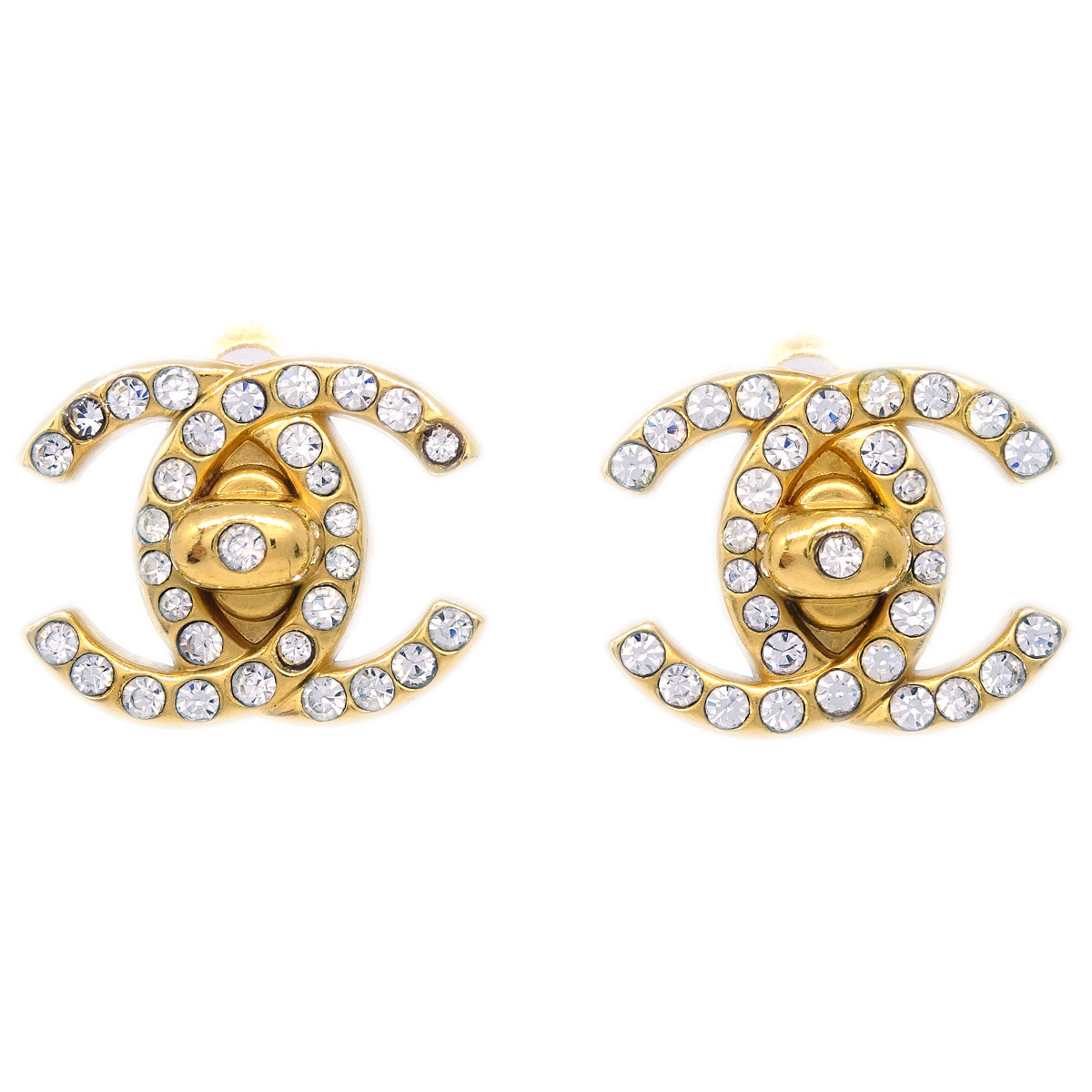 Luxury Chanel Gold CC Turnlock Earrings Rhinestone Clip-On Small 96A