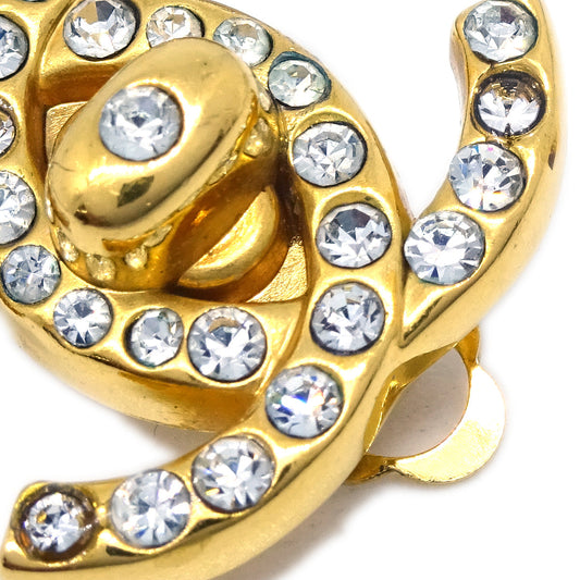 Luxury Chanel Gold CC Turnlock Earrings Rhinestone Clip-On Small 96A