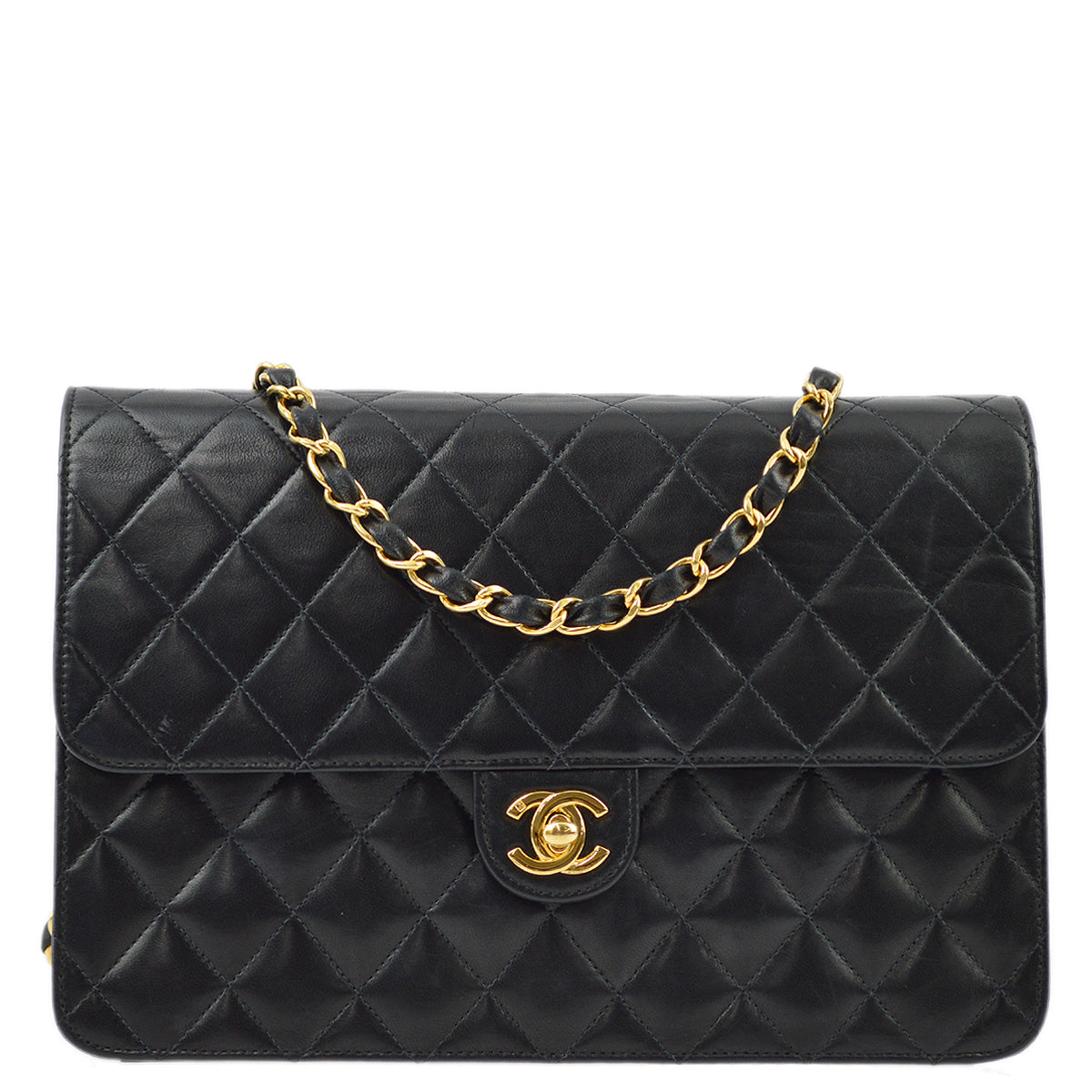 Luxury Chanel 2001-2003 Black Lambskin Turnlock Medium Half Flap Shoulder Bag
