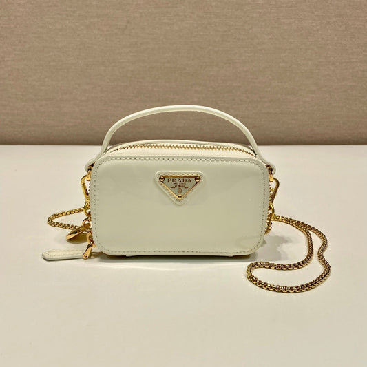 Luxury PradaMINI HAND BAG 11 WITH GOLD STRAP IN WHITE PATENT CALFSKIN