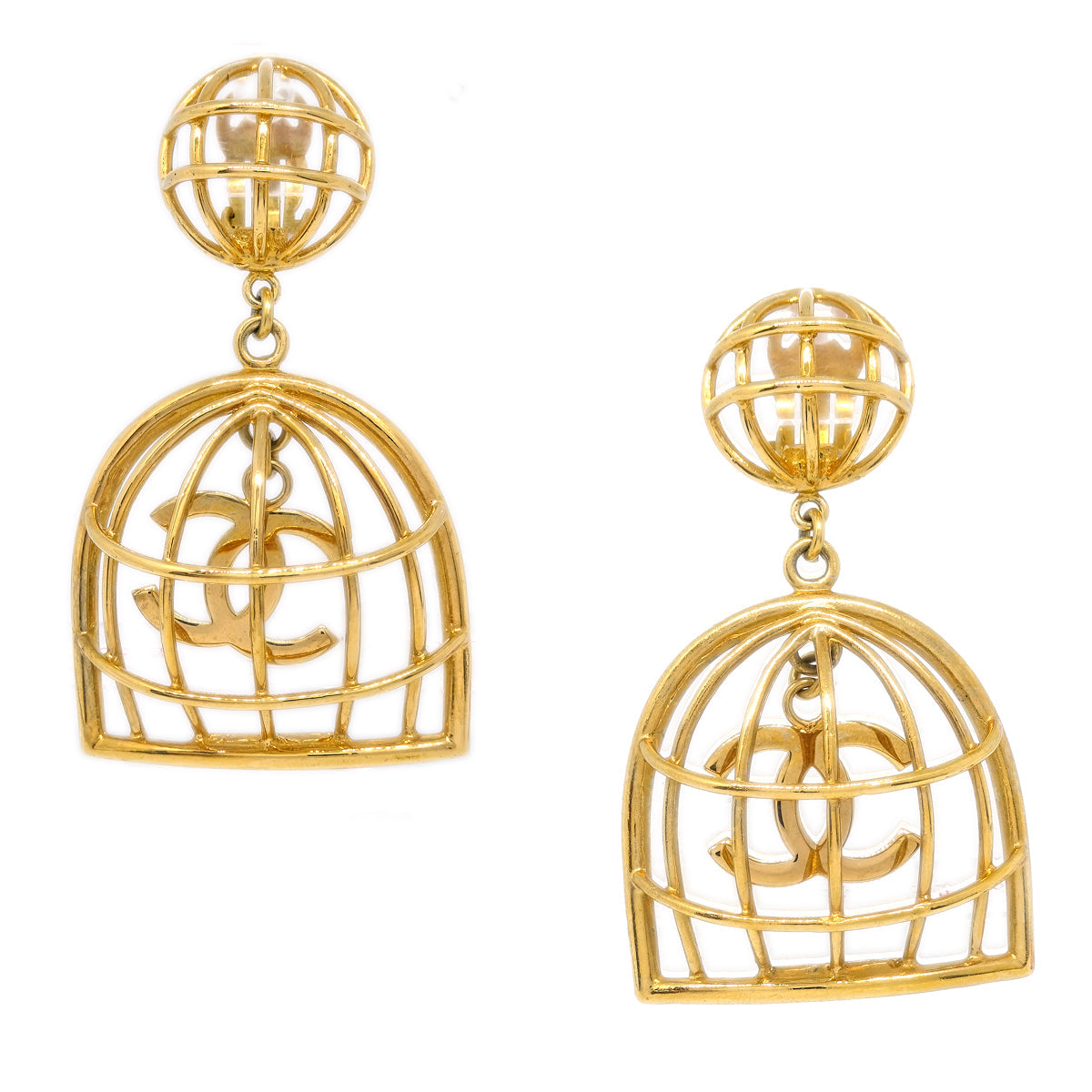 Luxury Chanel Gold Birdcage Dangle Earrings Clip-On 93A