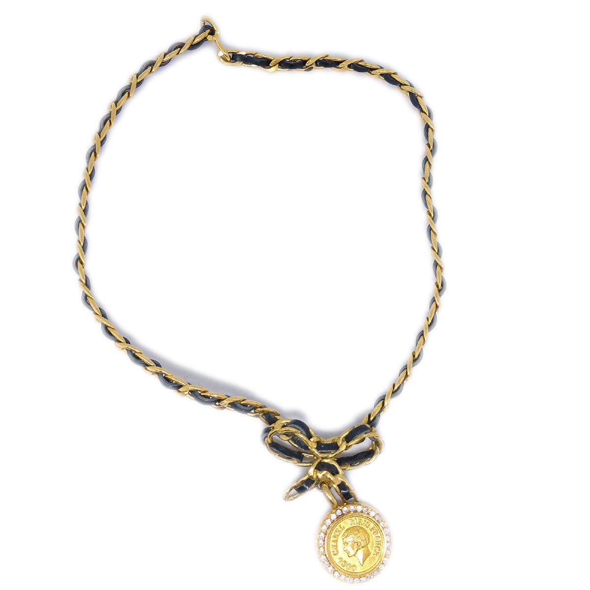 Luxury Chanel Gold Black Bow Medallion Rhinestone Pendant Necklace 96P