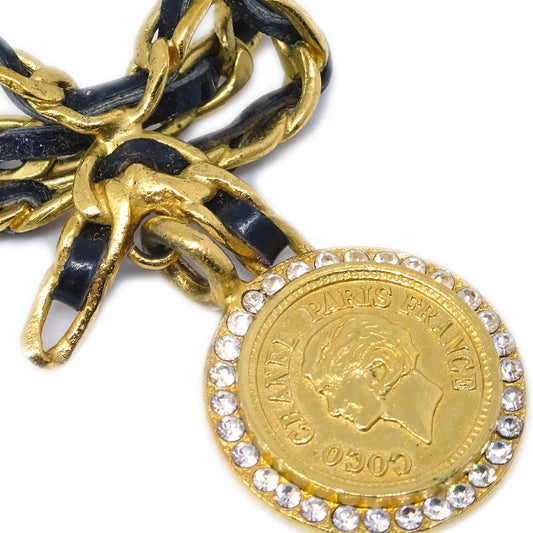 Luxury Chanel Gold Black Bow Medallion Rhinestone Pendant Necklace 96P