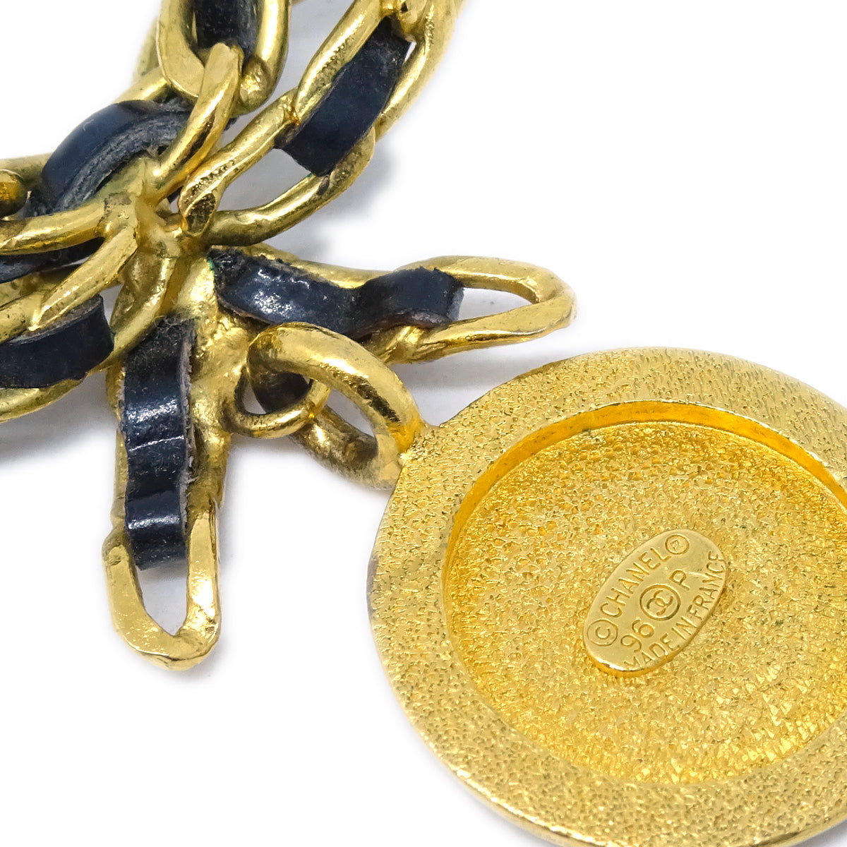 Luxury Chanel Gold Black Bow Medallion Rhinestone Pendant Necklace 96P