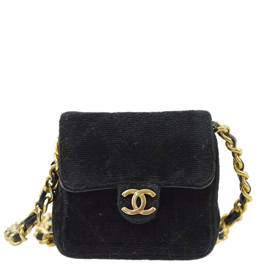Luxury Chanel Black Velvet Classic Flap Micro Chain Pochette Pouch
