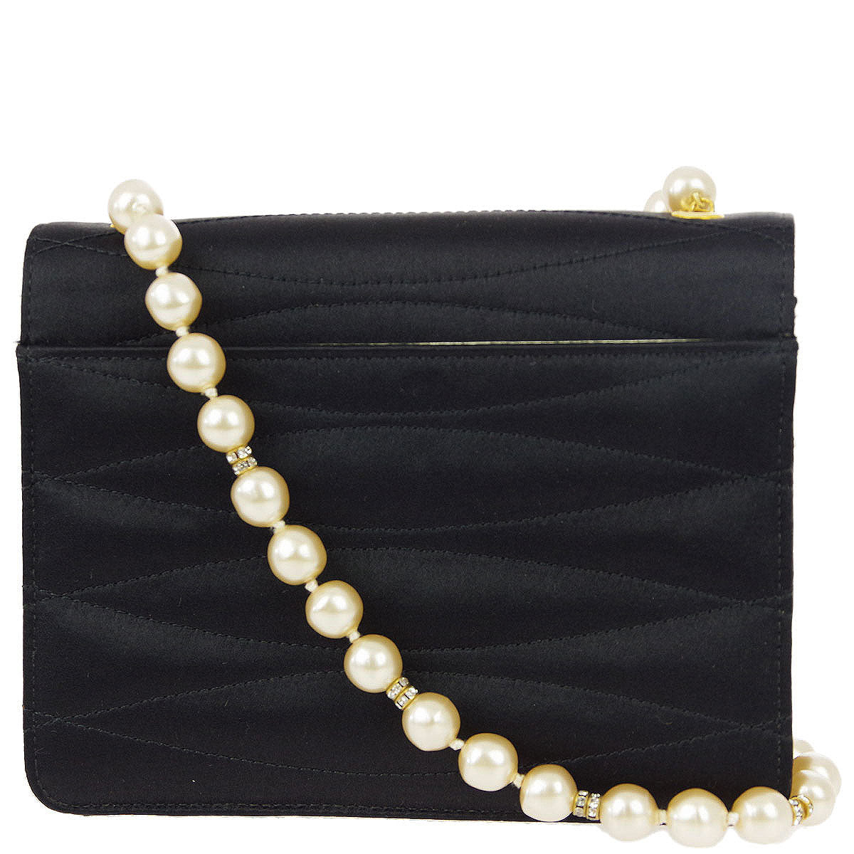 Luxury Chanel Black Rhinestone Artificial Pearl Chain Straight Flap Bag