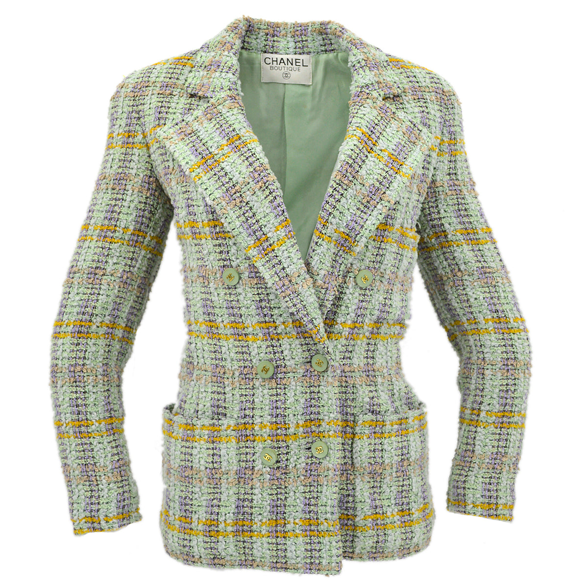 Luxury Chanel Double Breasted Jacket Green Tweed