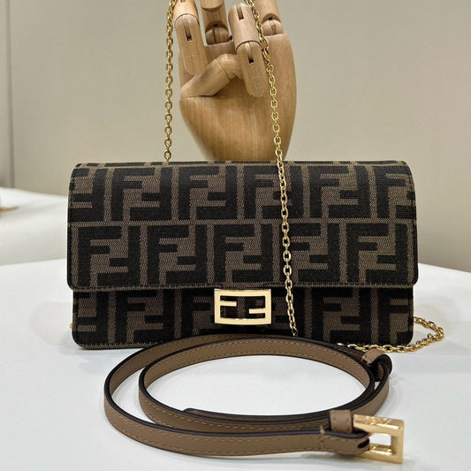 Luxury FendiBAGUETTE CHAIN MIDI 21 IN BROWN MIX BLACK MONOGRAM JACQUARD FABRIC BAG