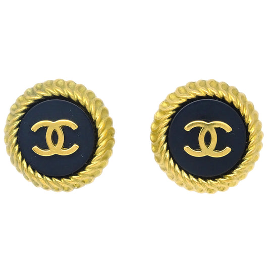 Luxury Chanel Black & Gold Rope Edge Earrings Clip-On