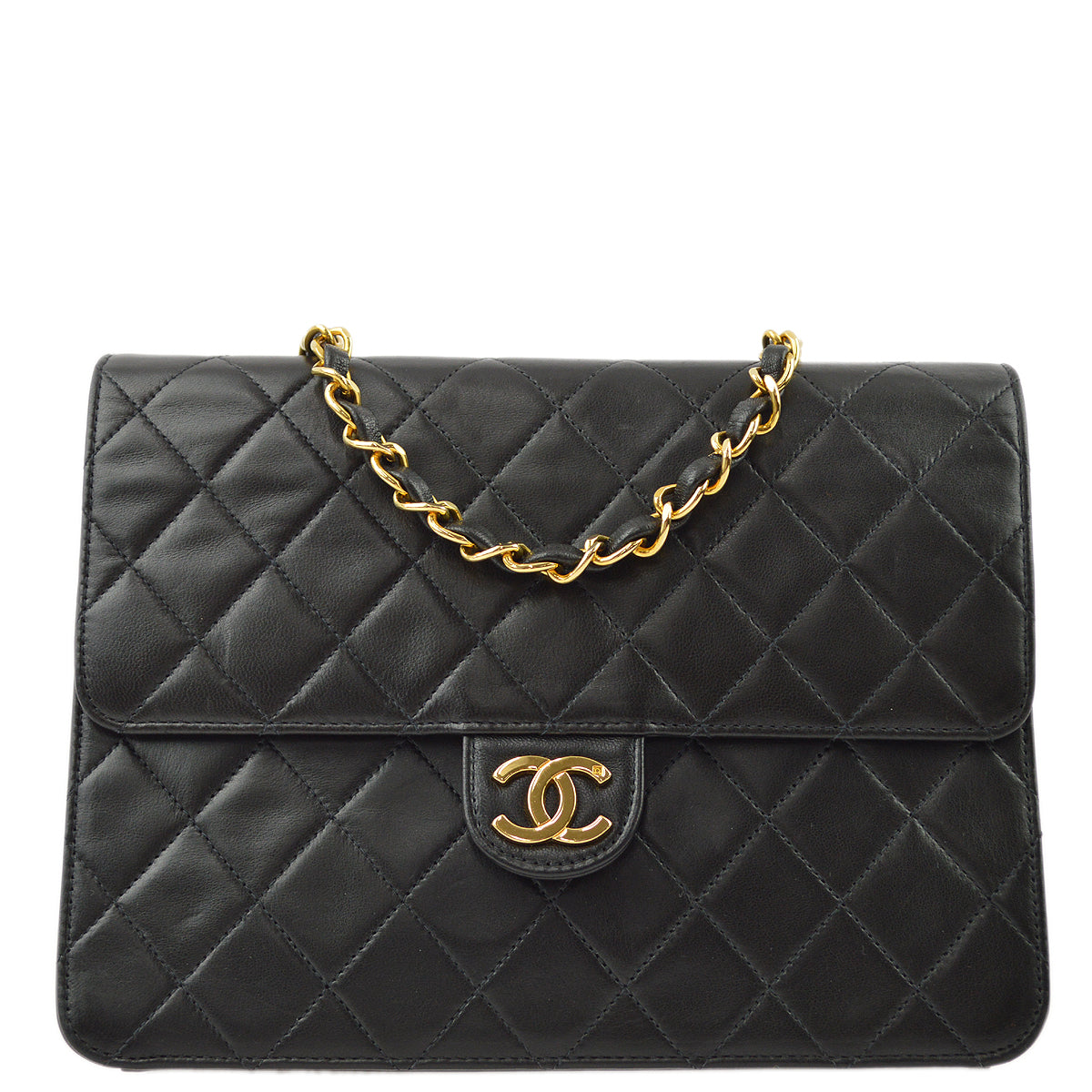 Luxury Chanel 1997-1999 Black Lambskin Pushlock Small Half Flap Shoulder Bag