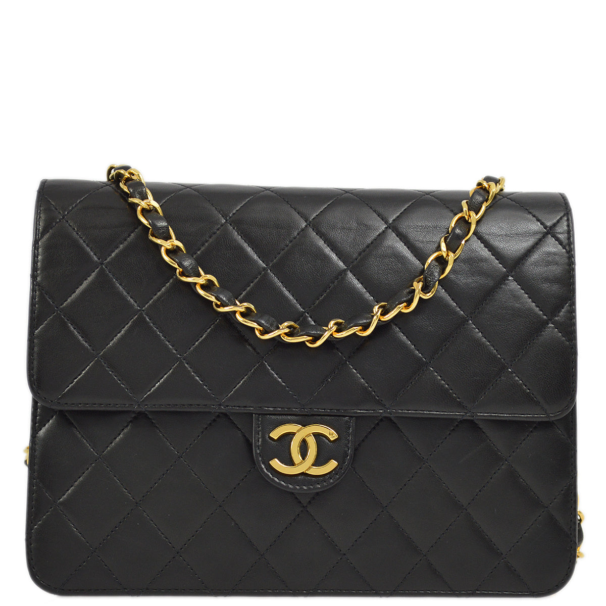 Luxury Chanel 1994-1996 Black Lambskin Pushlock Small Half Flap Shoulder Bag