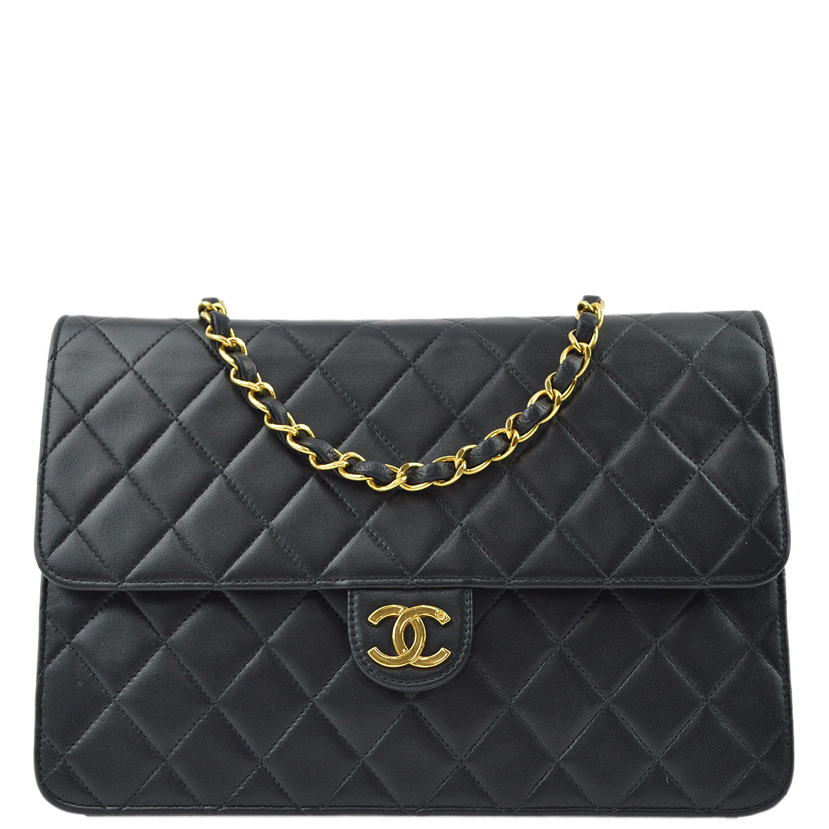 Luxury Chanel 1996-1997 Black Lambskin Pushlock Medium Half Flap Shoulder Bag