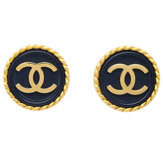 Luxury Chanel Black & Gold Rope Edge Earrings Clip-On