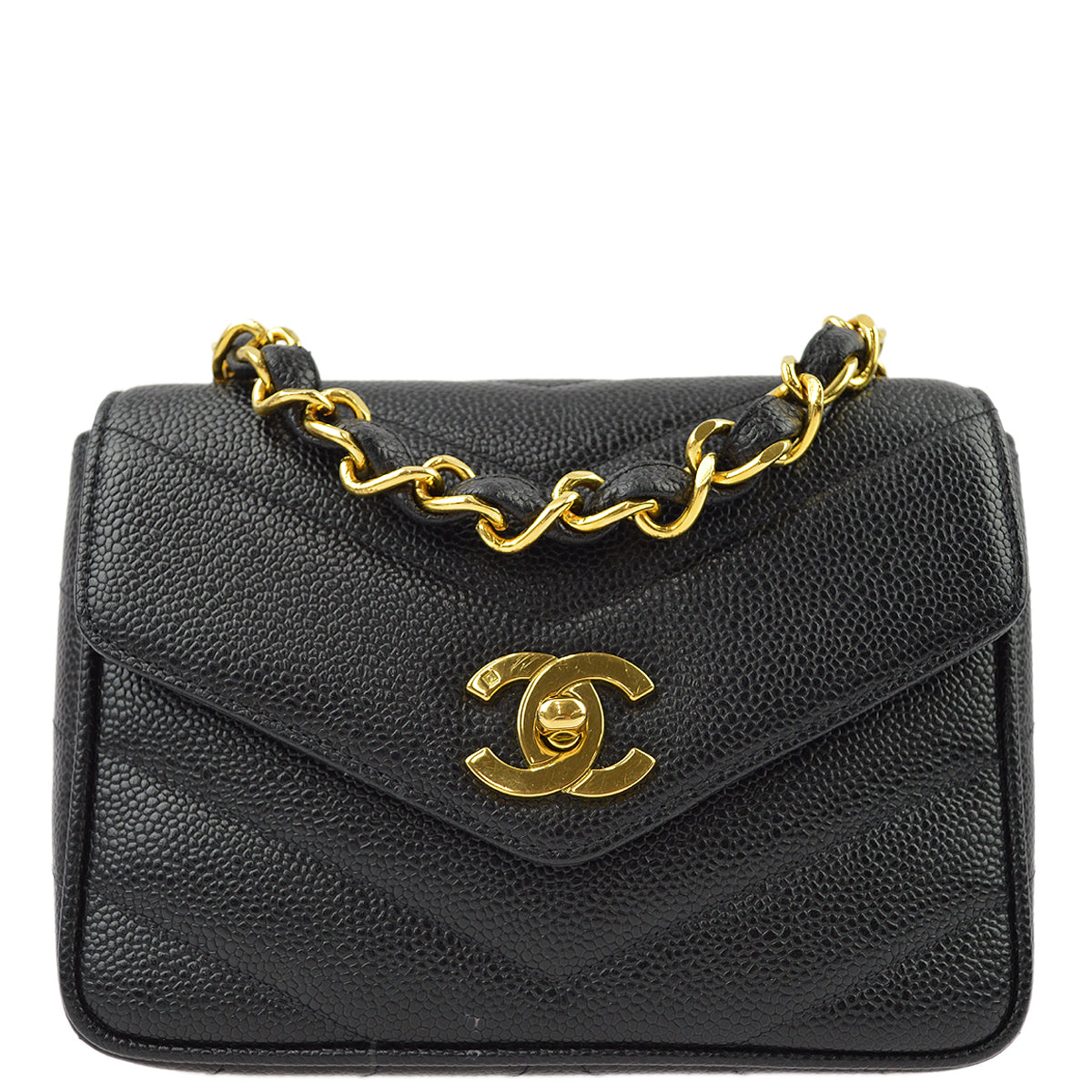 Luxury Chanel 1994-1996 Black Caviar Chevron Mini Square Shoulder Bag 17