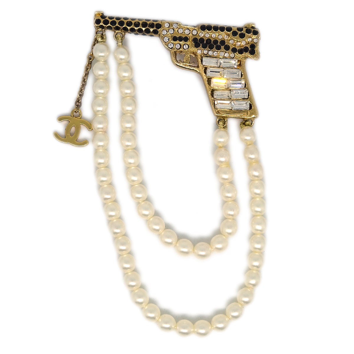 Luxury Chanel Gun Brooch Pin Rhinestone Artificial Pearl Gold 01A