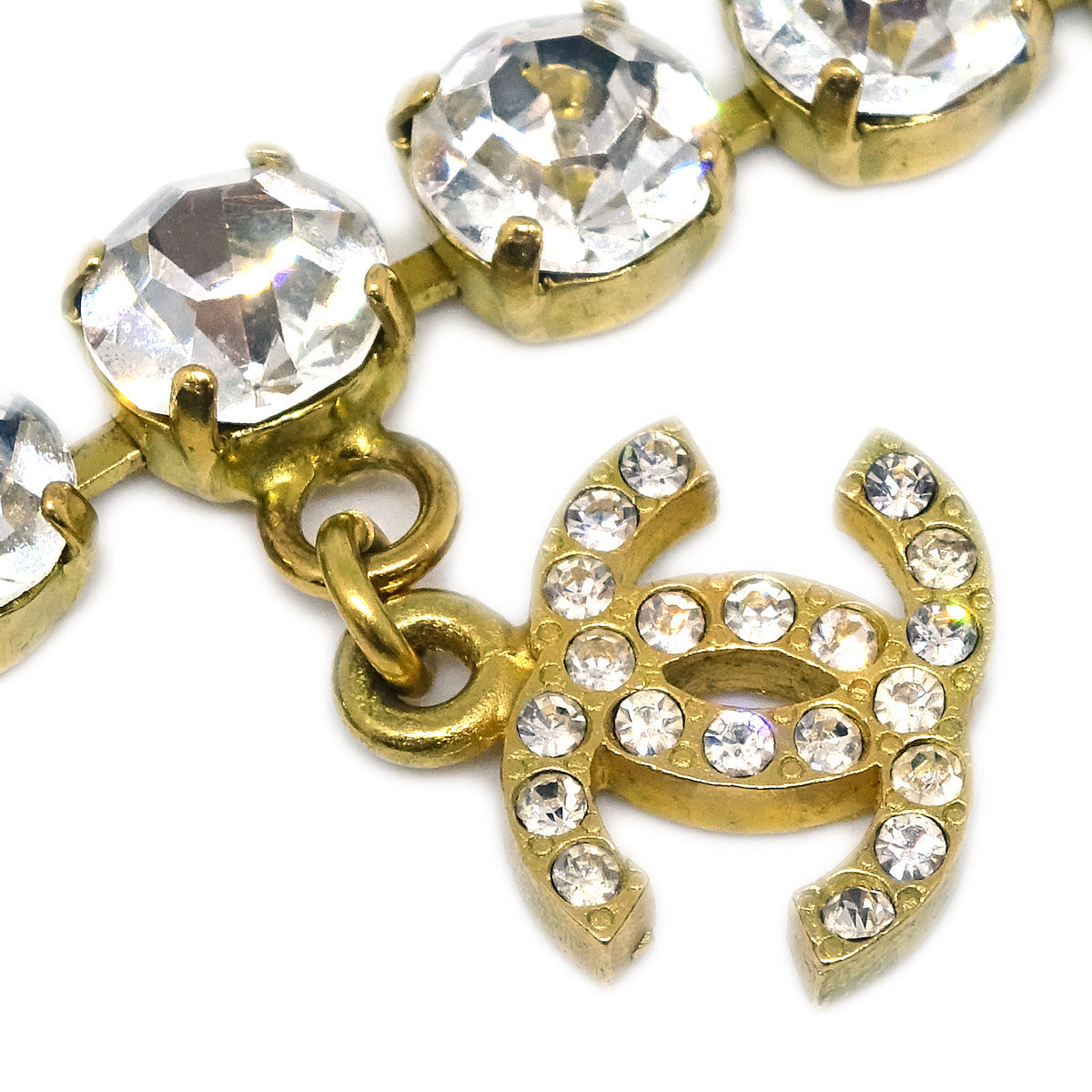 Luxury Chanel CC Chain Pendant Necklace Rhinestone Gold 95P
