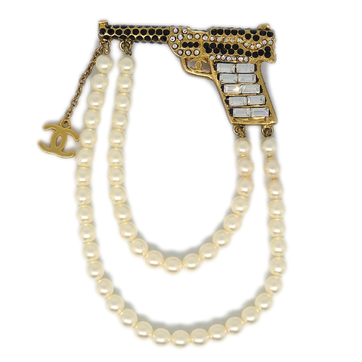 Luxury Chanel Gun Brooch Pin Rhinestone Artificial Pearl Gold 01A