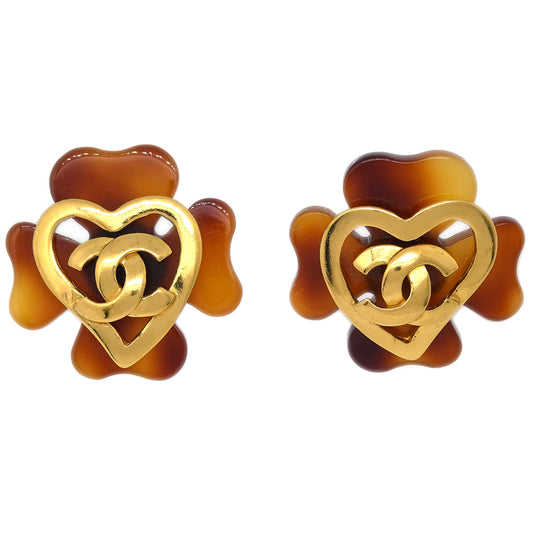 Luxury Chanel Clover Earrings Clip-On Gold 95P