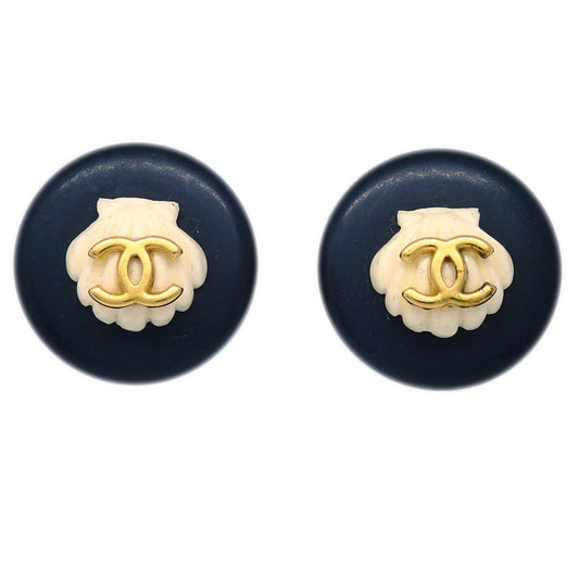 Luxury Chanel Black Button Shell Earrings Clip-On 96C