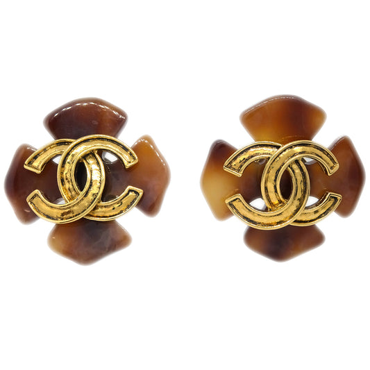 Luxury Chanel Clover Earrings Clip-On Brown 94P