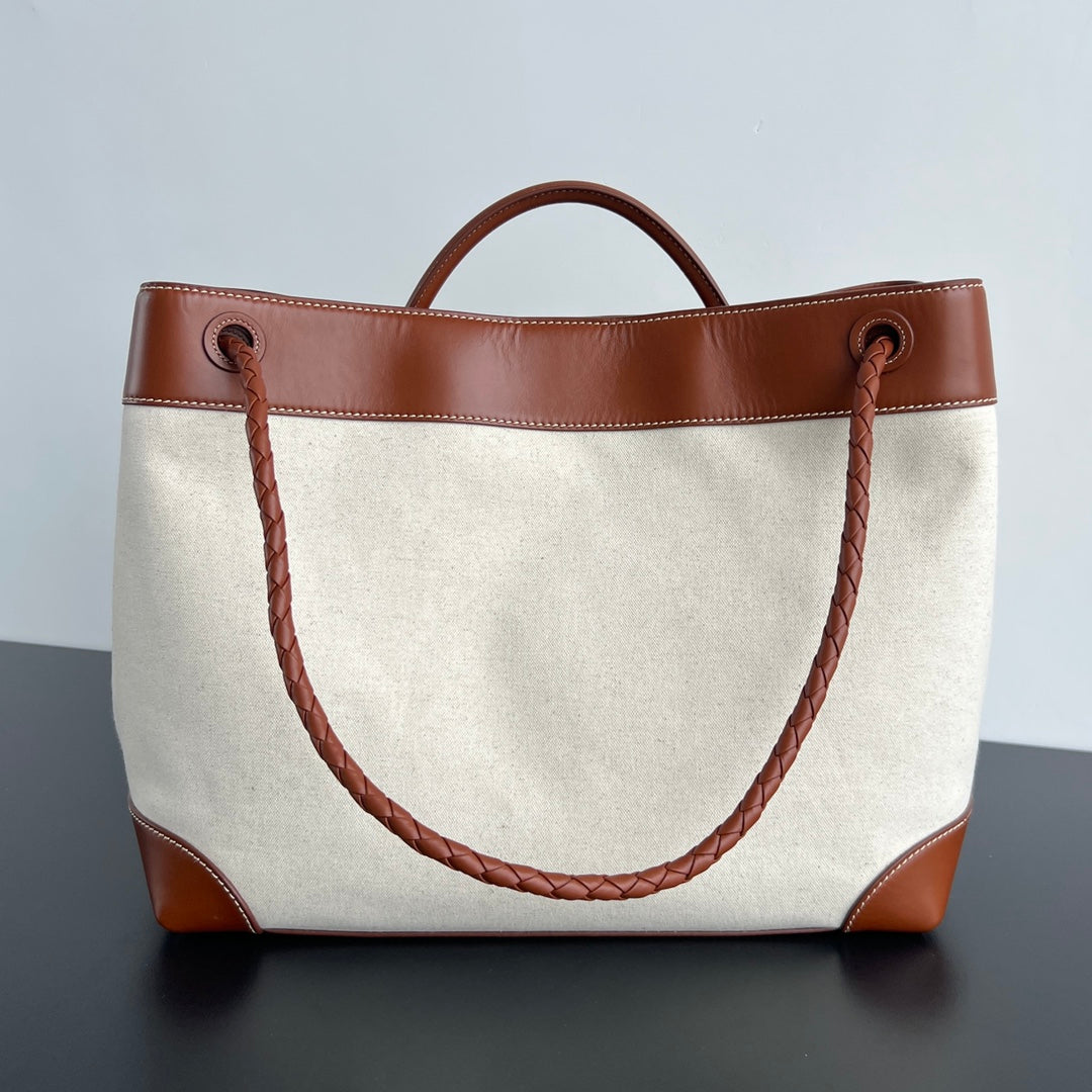 Luxury Bottega Veneta LARGE ANDIAMO 42 IN WHITE BROWN CALFSKIN AND CANVAS