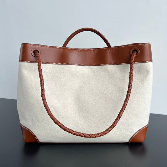 Luxury Bottega Veneta LARGE ANDIAMO 42 IN WHITE BROWN CALFSKIN AND CANVAS