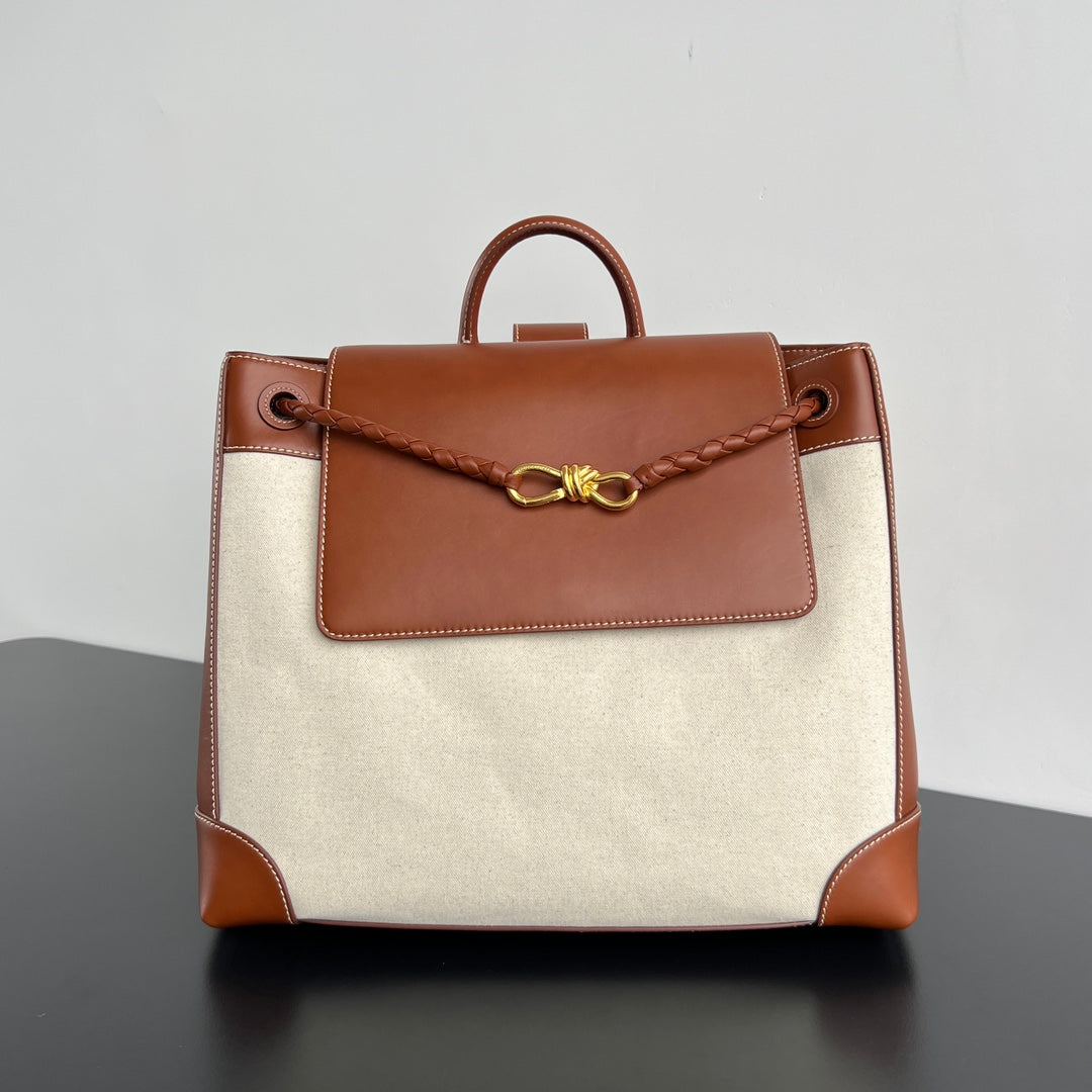 Luxury Bottega Veneta LARGE ANDIAMO BACKPACK 48 IN LIGHT WOOF CALFSKIN AND CANVAS