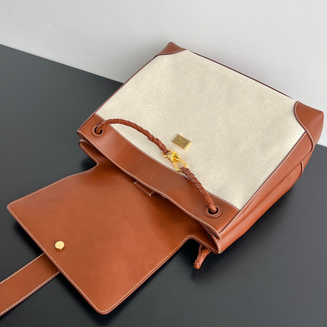Luxury Bottega Veneta LARGE ANDIAMO BACKPACK 48 IN LIGHT WOOF CALFSKIN AND CANVAS