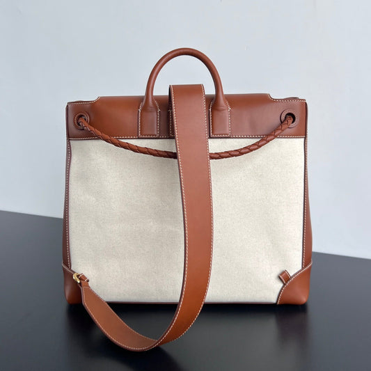 Luxury Bottega Veneta LARGE ANDIAMO BACKPACK 48 IN LIGHT WOOF CALFSKIN AND CANVAS
