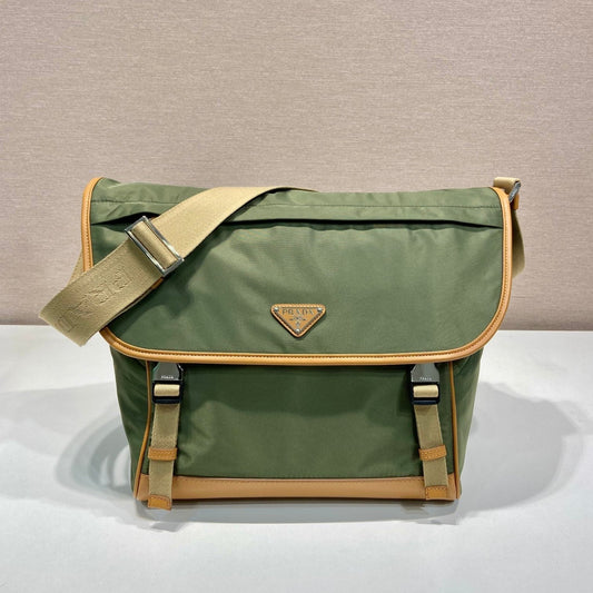 Luxury PradaLARGE FLAP BAG 30 IN SEAWEED GREEN RE-NYLON AND BROWN CALFSKIN TRIM