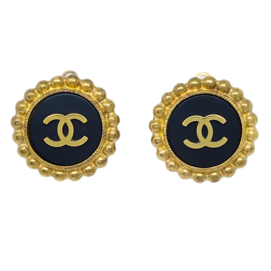 Luxury Chanel Gold Black Button Earrings Clip-On 95P