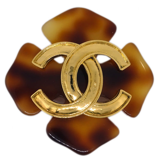 Luxury Chanel Clover Brooch Pin Brown 94P